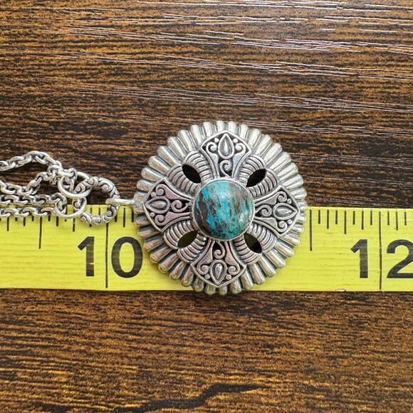 Sterling Silver 925 Turquoise Bezel Set Circle Pendant Necklace Size 18" Length - Picture 9 of 12